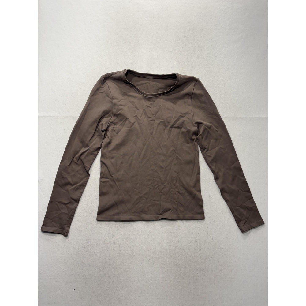 OQQ Shirt Womens Large Brown Crew Neck Long Sleeve Slim Stretch Tee Casual